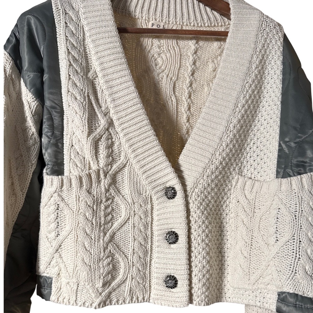 POL Mixed Media Cable Knit Quilted Cardigan‎ Cream Sage Green Concho Buttons